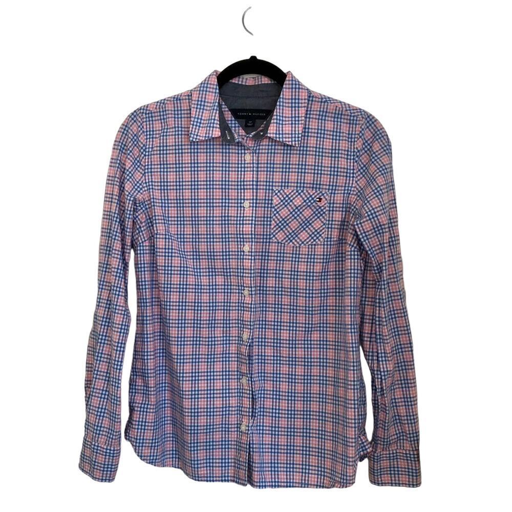 Tommy Hilfiger Women's Pink Blue Long Sleeve Button Down Plaid Shirt Size Small